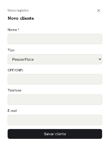 Novo cliente — só o nome é obrigatório.