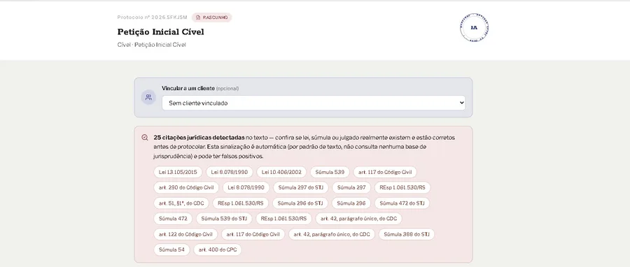 Status do documento (Rascunho/Editado/Finalizado) e a caixa de citações não-verificadas.